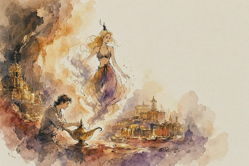 Young man summons an ethereal female genie rising from a golden magic lamp in a fantasy folktale scene
