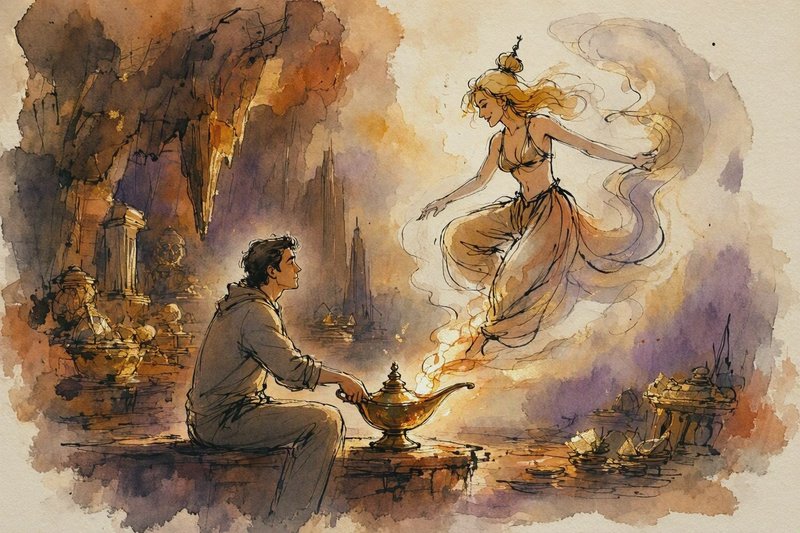 Young man in a treasure cave watches a blonde genie emerge from a glowing brass magic lamp