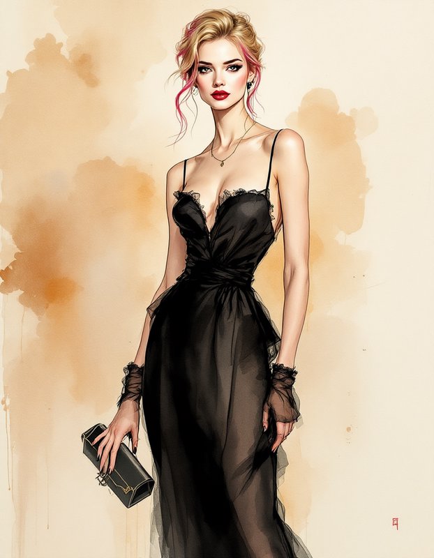 Fashion illustration of elegant blonde woman with pink hair streaks wearing a black tulle evening...