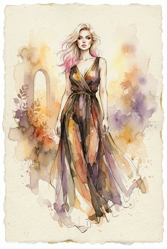 Fashion watercolor illustration of a blonde woman with pink streaked hair wearing a flowing eveni...