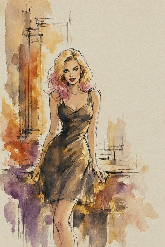 Watercolor fashion sketch of a glamorous woman with pink-tipped blonde hair posing in a silky sli...