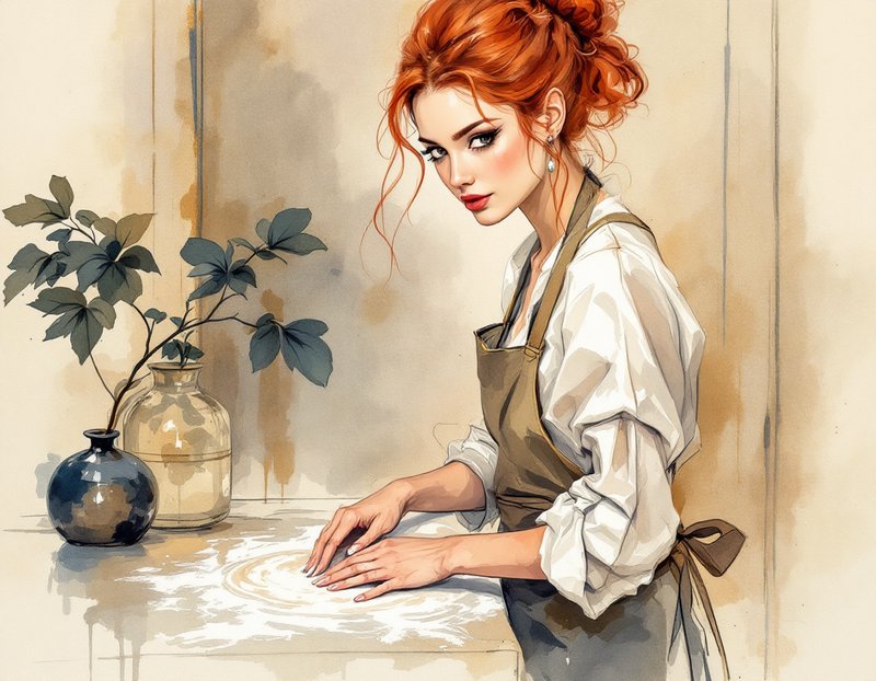 Red haired female craftsperson in an apron working at a table with decorative vases