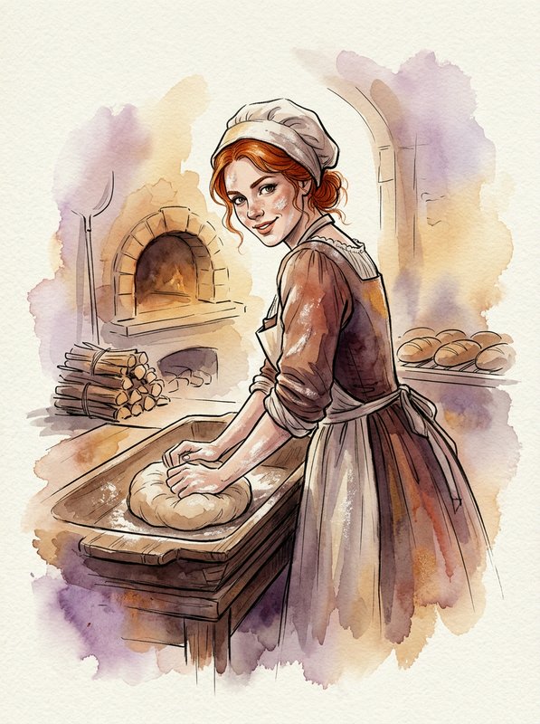 Smiling historical female baker kneading bread dough in a rustic old village bakery
