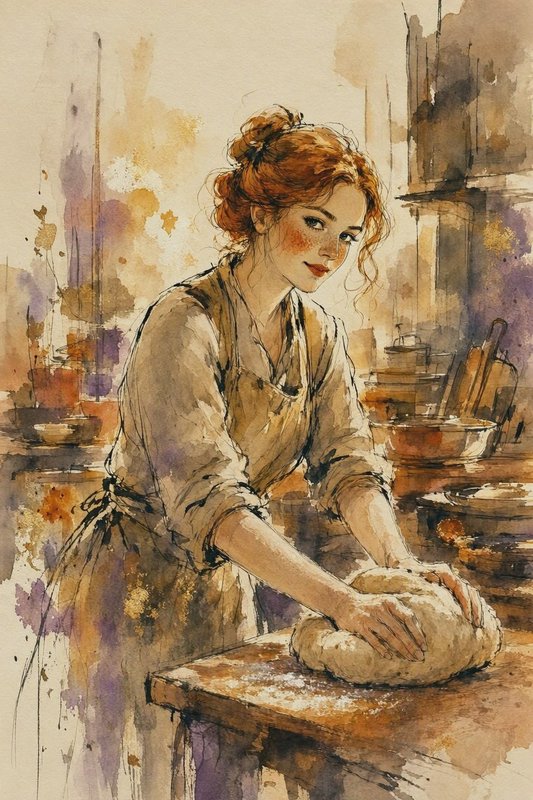 Red haired freckled home baker kneading bread dough on a floured wooden kitchen table