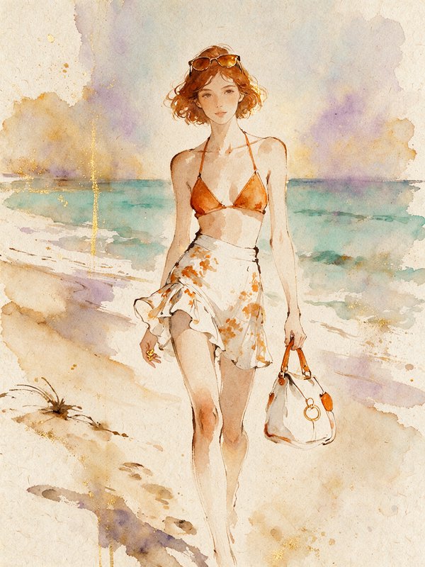 Watercolor illustration of a red-haired woman walking barefoot along a sunny tropical beach