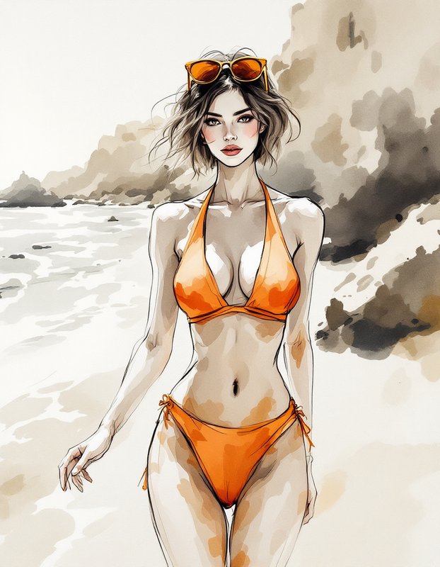Fashion illustration of a woman in an orange bikini standing on a rocky coastal beach