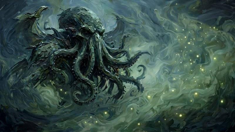 Imposing tentacled winged Cthulhu entity drifting through swirling mist dotted with faint glowing lights