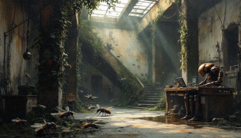 Brass robot works at a desk in an overgrown abandoned building populated by giant mechanical bees