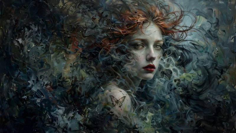 Surreal painterly portrait of a pale red-haired woman with a butterfly resting on her shoulder am...