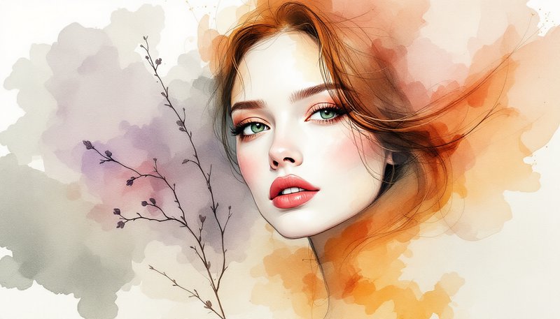 Soft watercolor portrait of a red-haired green-eyed woman beside a delicate budding twig