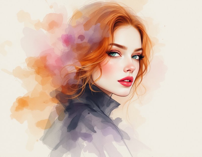 Ethereal watercolor portrait of a young red-haired woman with bright green eyes against soft blen...