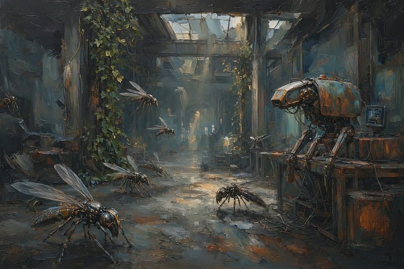 Rusted steampunk robot and mechanical insect drones occupy an overgrown abandoned factory interior