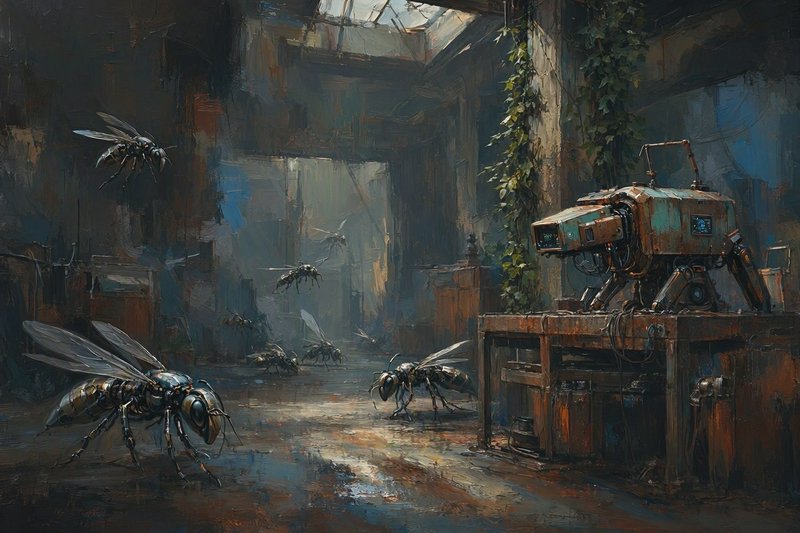 Rusted robotic wasp drones and a small mech occupy an overgrown abandoned industrial warehouse interior