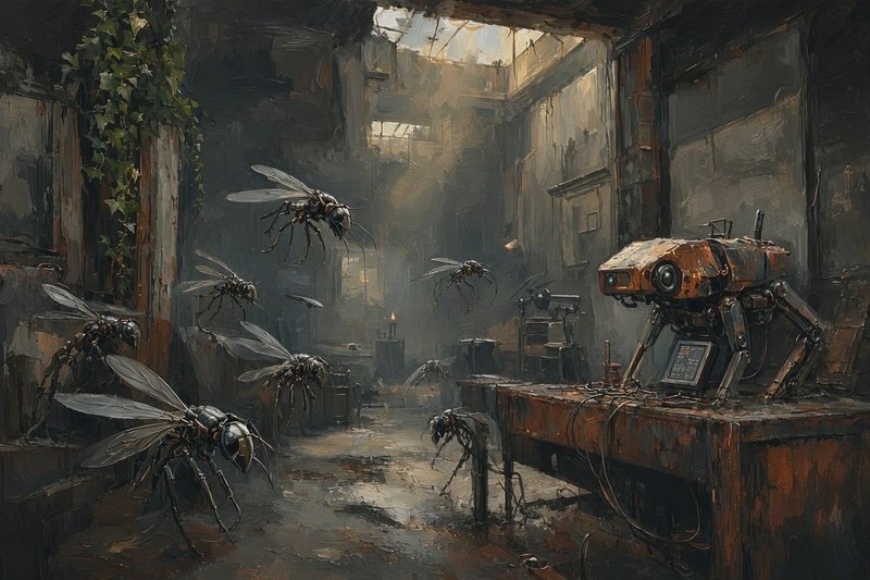 Steampunk mechanical insect drones surround a tabletop robot in a crumbling abandoned industrial ...