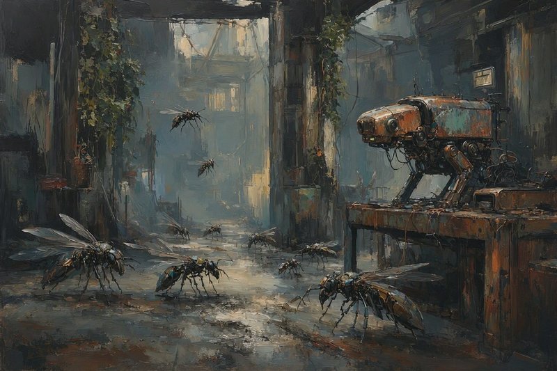 Rusted steampunk robot and mechanical insect drones occupy a misty overgrown derelict industrial alley