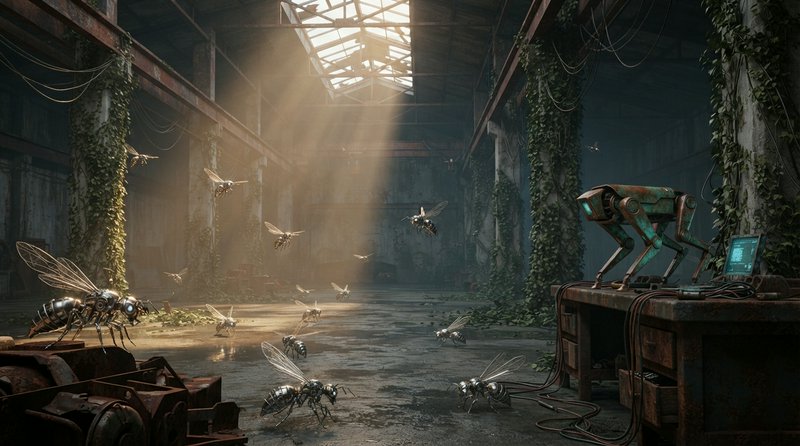 Robotic insect drones and a quadruped mech occupy an overgrown abandoned warehouse lit by skyligh...