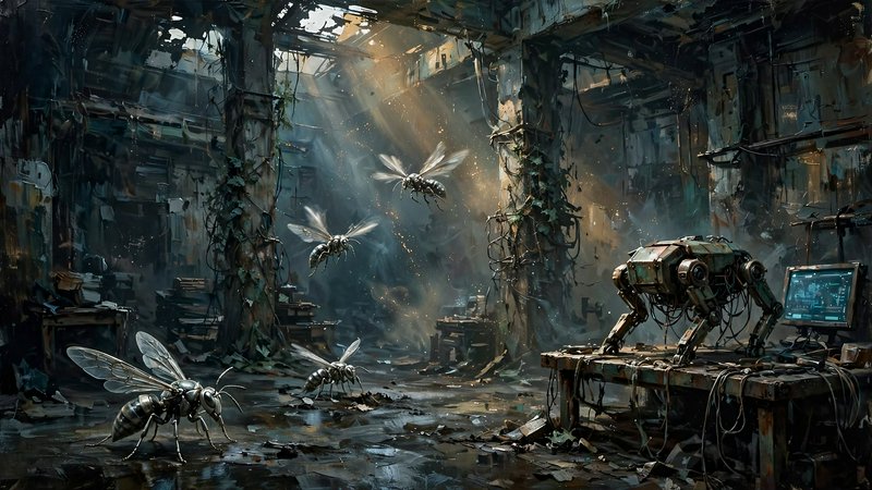 Robotic wasp drones and a rusted quadruped robot occupy a crumbling overgrown abandoned factory i...