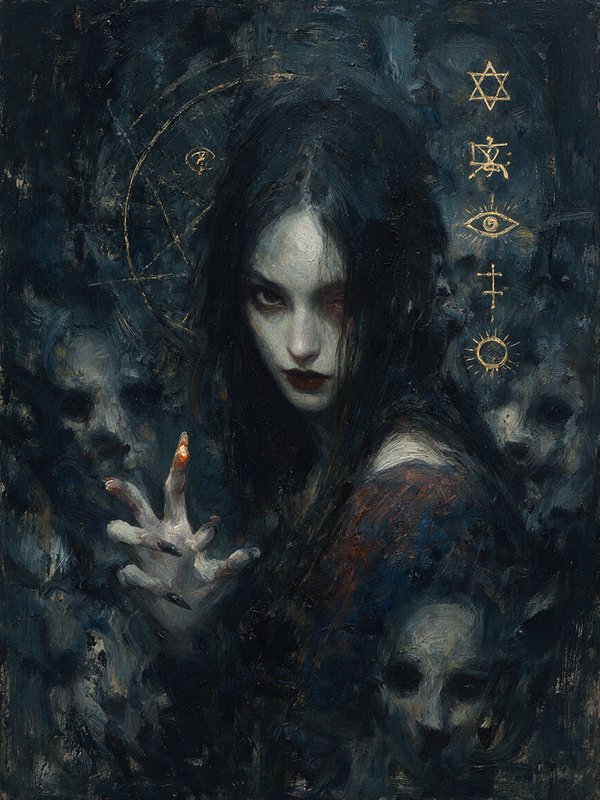 Pale dark haired occult witch extends a clawed hand, surrounded by ghosts and glowing esoteric sigils