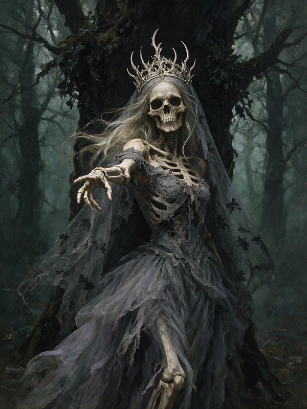 Skeleton queen in a tattered gown and antler crown reaches forward from a misty haunted forest