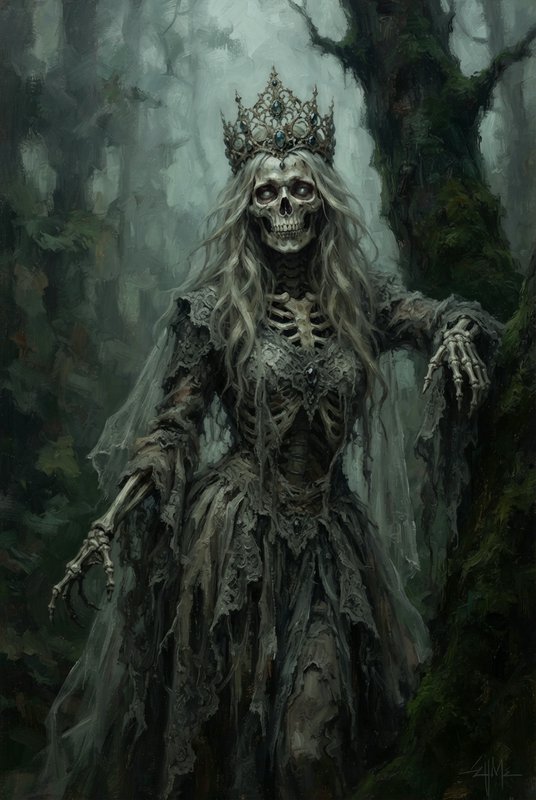 Skeletal undead queen wearing an ornate jeweled crown stands in a misty mossy forest