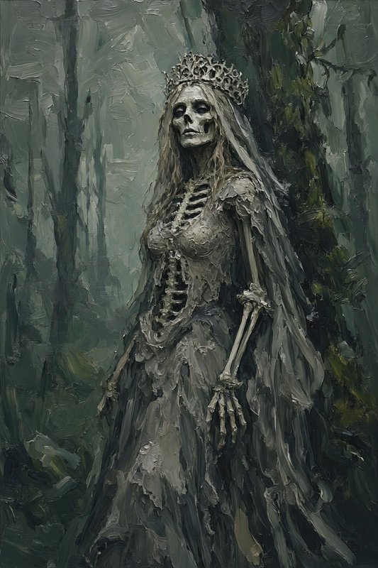 Skeleton undead queen with crown and veil stands in a misty dark forest in a textured impasto oil painting