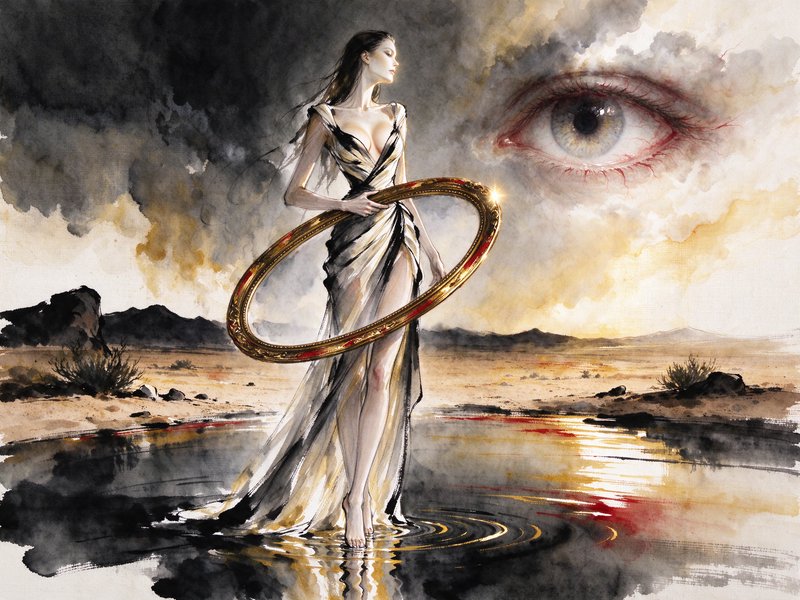 Ethereal tall woman holds an ornate golden frame standing in shallow desert water beneath a giant floating eye