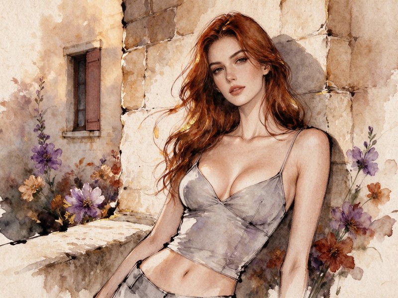 Watercolor portrait of a long wavy red-haired woman leaning against a sunlit stone wall framed by...