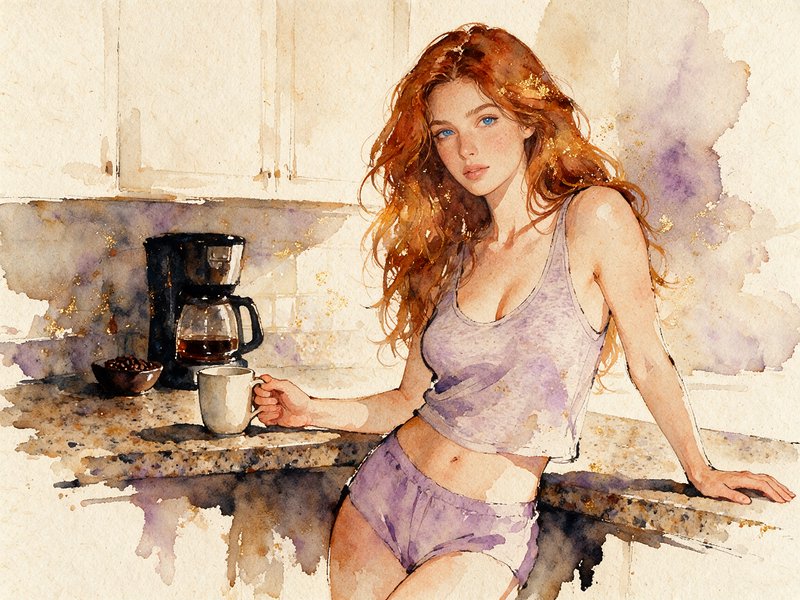 Watercolor portrait of a red-haired woman in loungewear holding a coffee mug in a sunlit kitchen