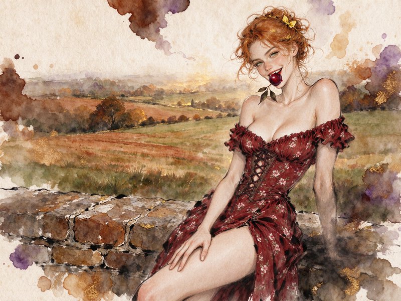 Red haired woman in a floral corset dress sits on a stone wall with a cherry between her teeth ov...