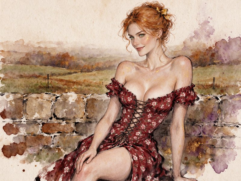 Red haired woman in a burgundy floral dress sits against a stone wall overlooking rolling autumn ...