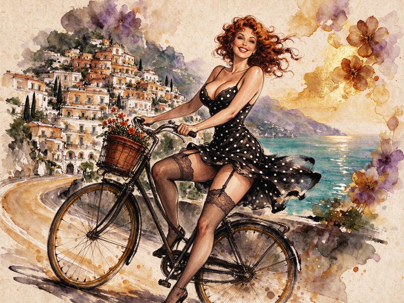 Smiling curly red-haired woman riding a vintage bicycle along a sunlit Mediterranean coastal road