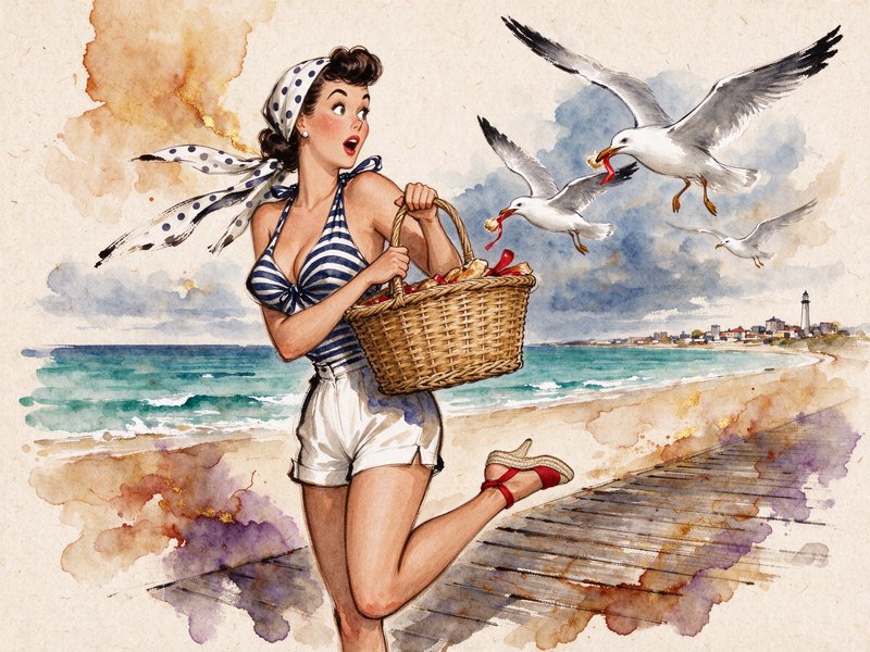 Surprised retro pinup woman watches seagulls steal food from her picnic basket on a beach boardwalk