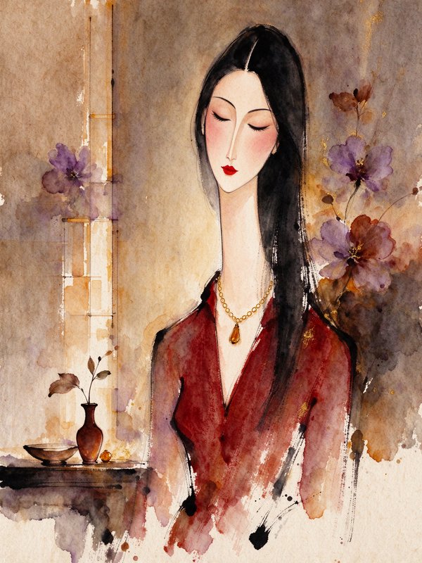 Stylized watercolor portrait of a serene closed-eye woman beside a floral windowsill