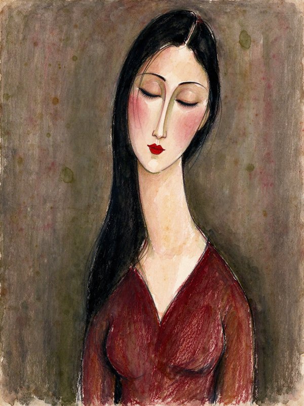 Stylized expressionist portrait of a woman with elongated features, closed eyes, and long dark hair
