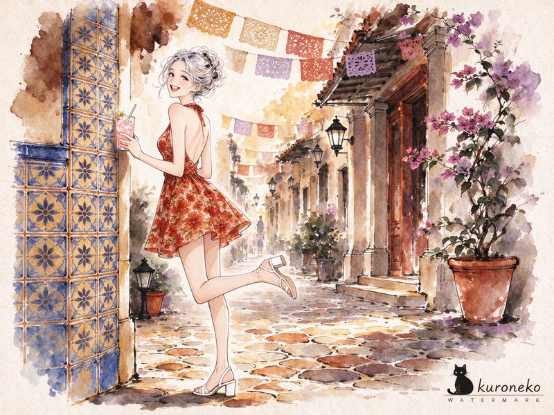 Smiling woman in a red floral dress holds a cold drink on a festive sunlit cobblestone colonial s...