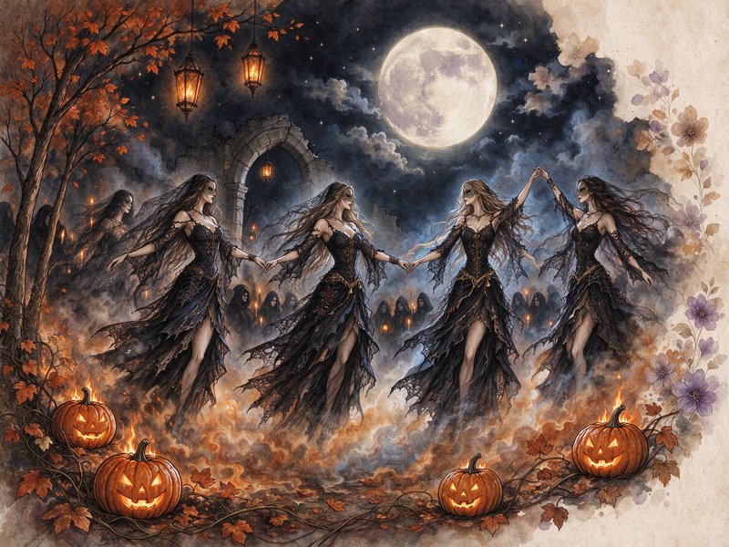 Four veiled witches hold hands dancing in a ritual circle under a full moon on Halloween night