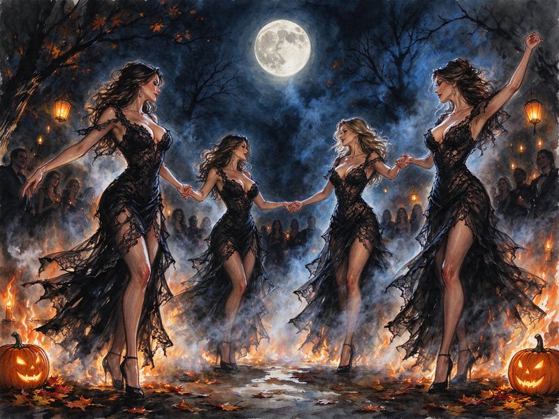 Four women in black lace gowns dance hand in hand beneath a full moon at a spooky Halloween night...