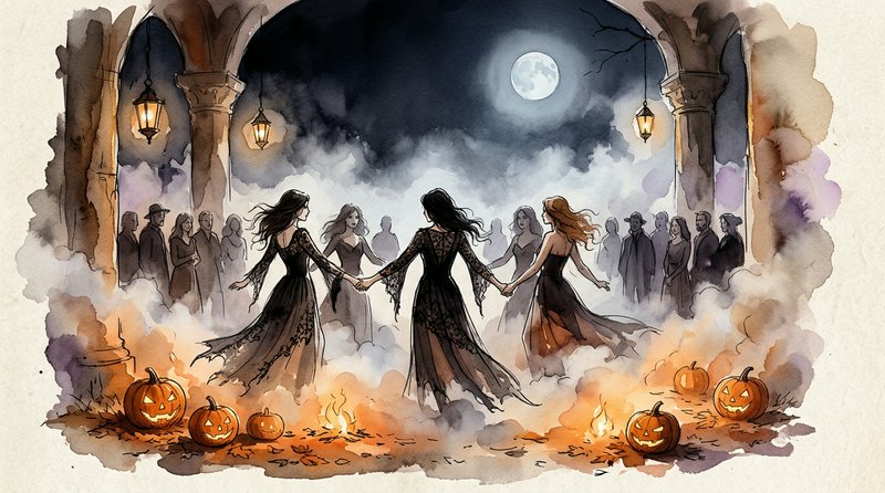 Witches dance in a ritual circle at a spooky Halloween gathering under a full moon surrounded by ...