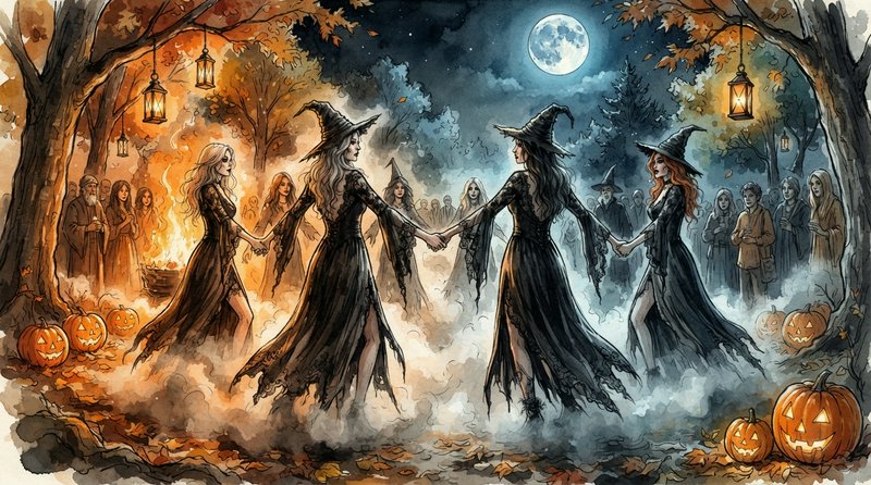 Four witches holding hands dance in a circle under a full moon at a spooky Halloween forest ritual