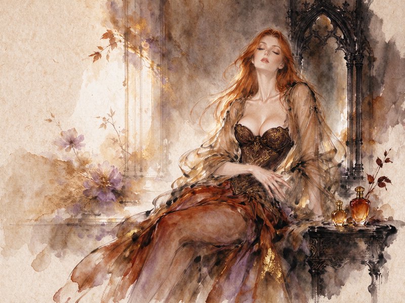 Ethereal red-haired woman in an ornate corset gown rests with closed eyes in a gothic watercolor ...