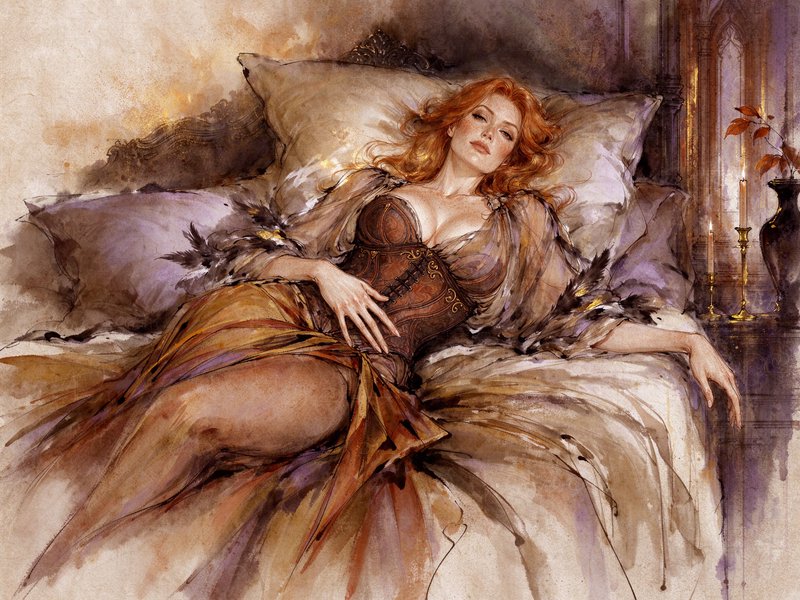 Red-haired woman in an ornate corset reclining gracefully on a plush vintage bed