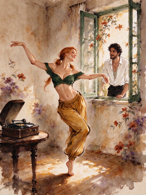 Joyful red-haired woman dances barefoot as a man watches from a sunlit open window next to a vint...