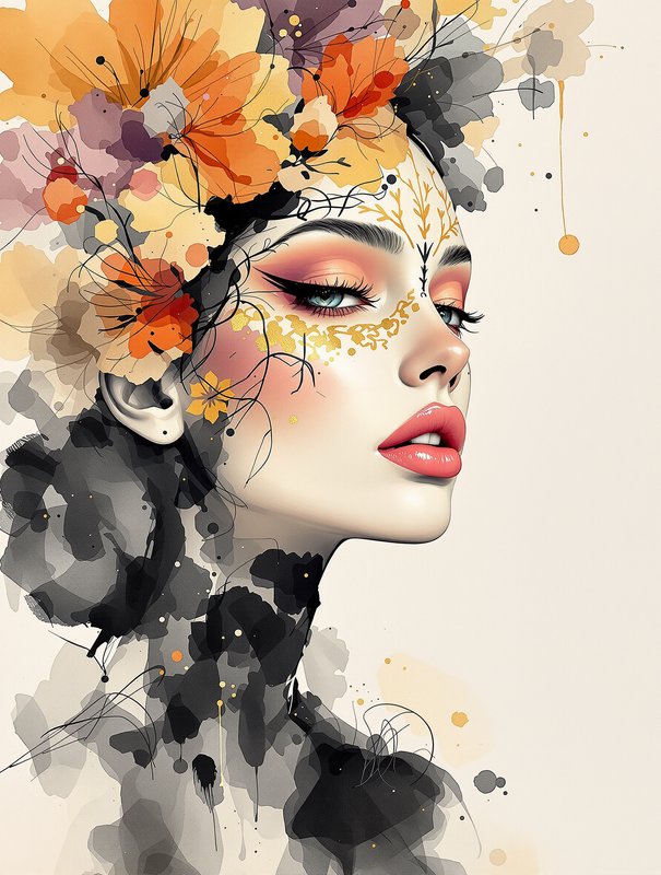 Stylized portrait of a woman with a vibrant floral headdress and delicate gold decorative face ma...