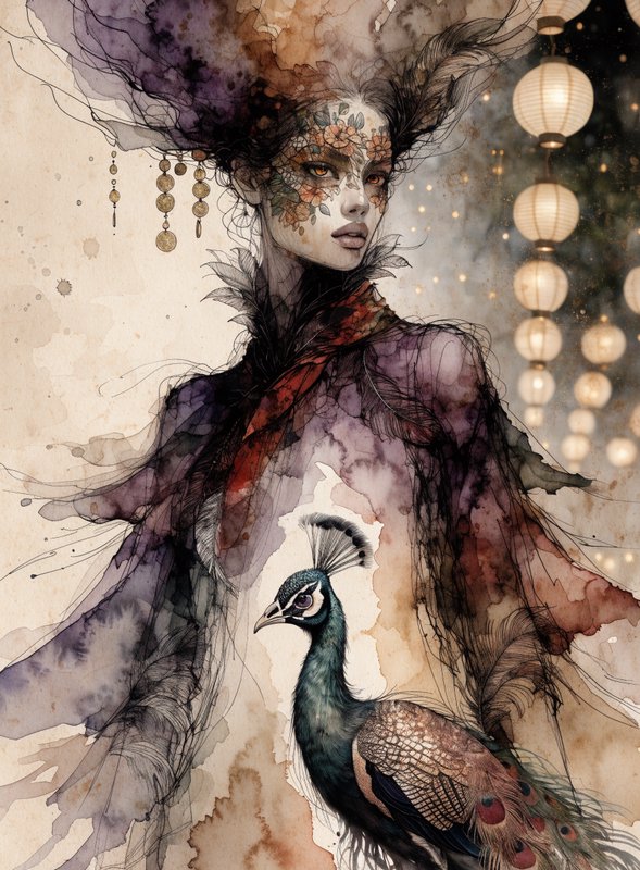 Surreal watercolor portrait of a floral-faced mystical woman standing beside a peacock near glowi...