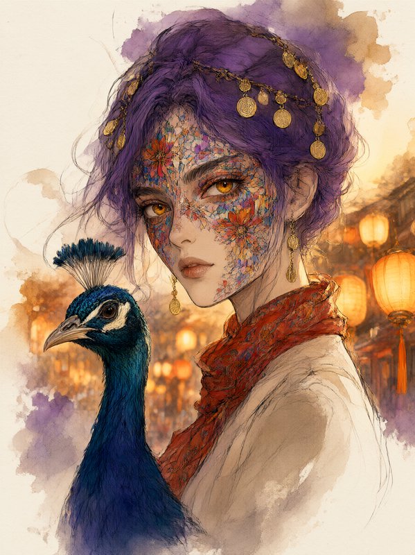 Purple haired woman with intricate floral face paint poses beside a peacock against a lantern lit...