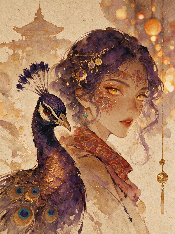 Fantasy illustrated woman with purple hair beside an ornate gilded purple peacock
