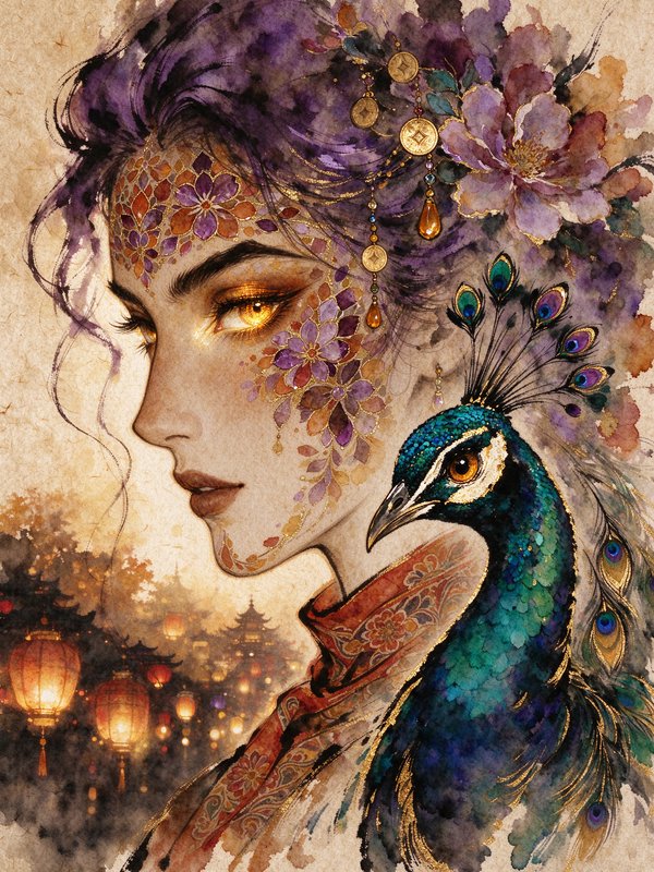 Regal fantasy woman with floral face paint and purple hair, peacock perched at her shoulder again...