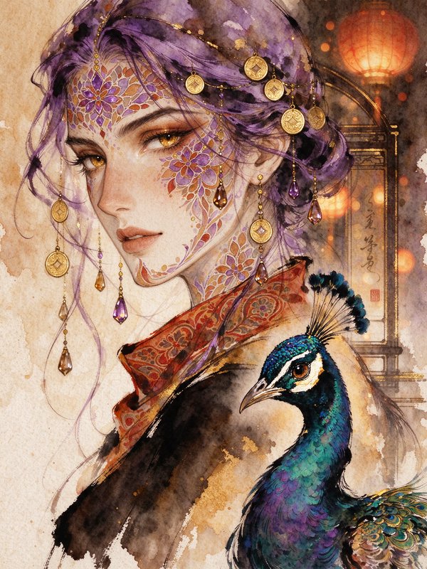 Ethereal fantasy woman with purple floral face paint, an iridescent peacock perched at her shoulder