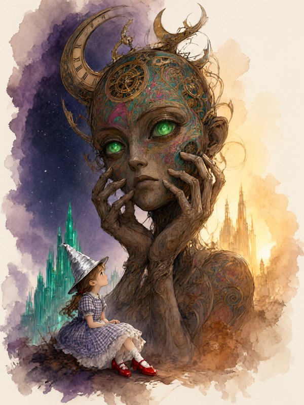 Dorothy Gale sits gazing up at an ornate clockwork giant between Emerald City and a golden castle