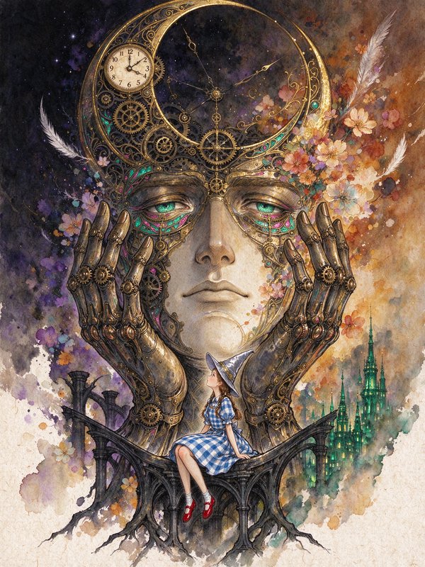 Young girl in a gingham dress sits looking up at a towering steampunk clockwork giant with a cres...